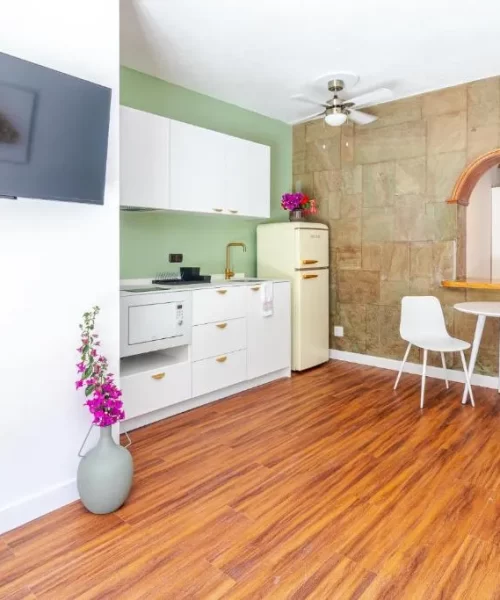 Cocina moderna y luminosa con electrodomésticos, mesa para dos y decoración floral en un ambiente acogedor. Suelo de madera y pared de piedra que añaden calidez al espacio. Televisor montado en la pared.
